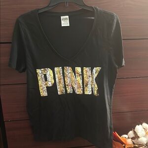 Victoria's Secret PINK Black T-Shirt with Gold Bling Logo